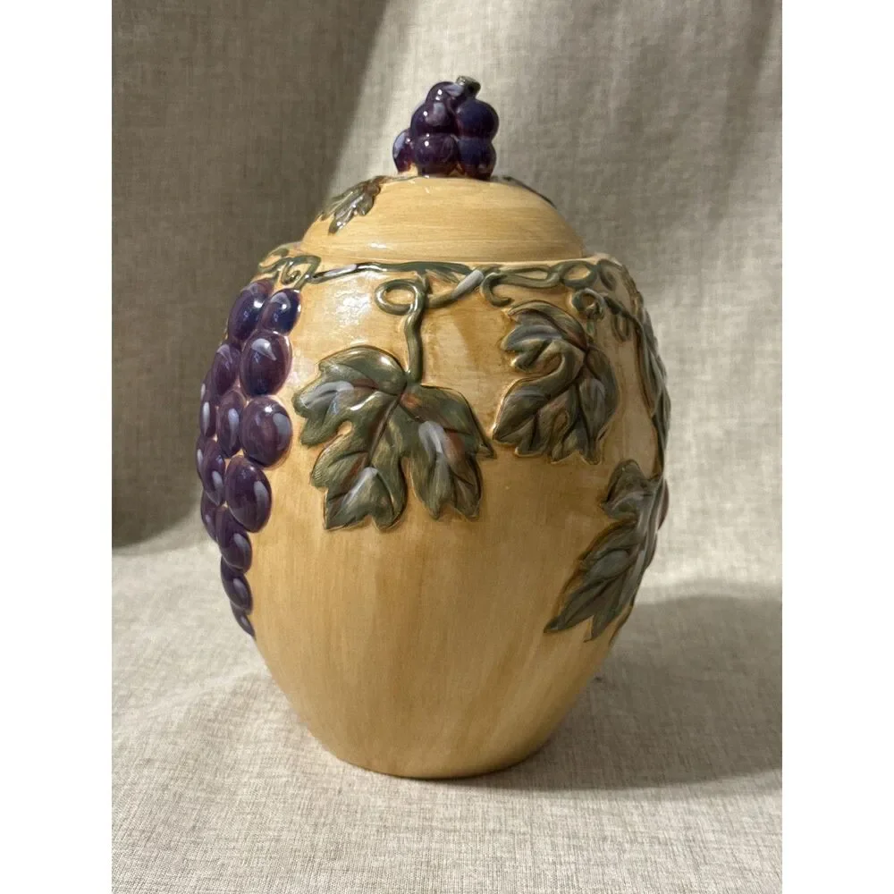 Noble Excellence Ceramic Canister Embossed Vintage Grapes & Leaves Design 10 in